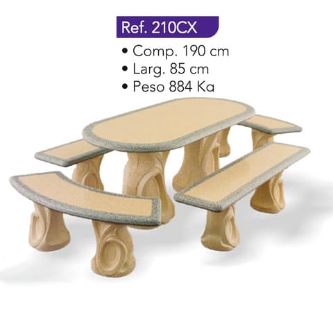 MESA OVAL 190x85 C/2 BANCOS + 2 BANCOS MEIA LUA REFº210CX