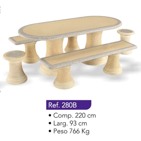 MESA OVAL 220x93 C/2 BANCOS + 2 BANCOS REDONDOS REFº280B
