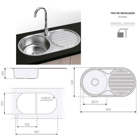 LAVA LOIÇA INOX ENCASTRAR 1PIA+1ESC. Ø37 84x44