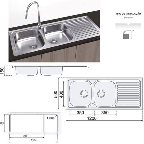 LAVA LOIÇA INOX ENCASTRAR 2PIA+1ESC. 120X50